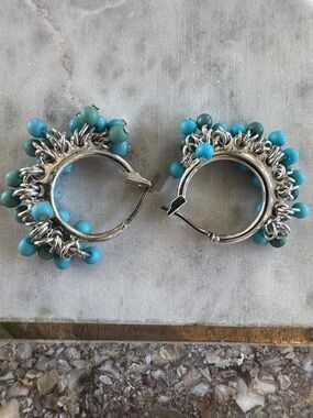 Silver Hoop Earrings with Turquoise Bead Fringe